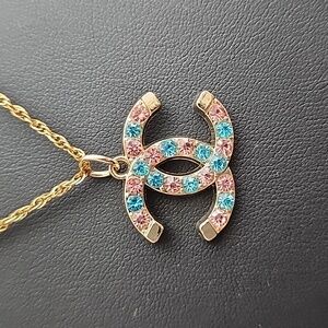 Authentic Chanel upscaled pink and Blue rhinestone tag pendant necklace 💕